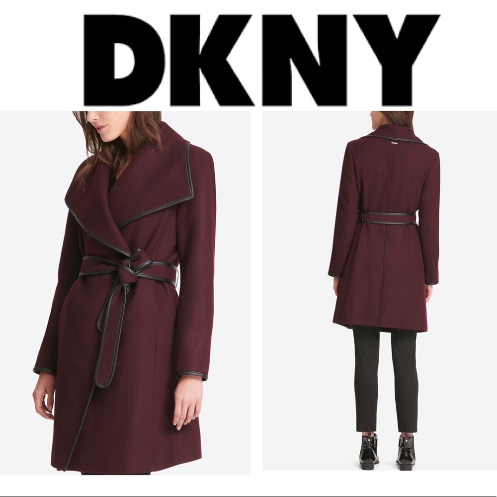DKNY Faux-Leather-Trim Wrap Coat 🧥 in Bordeaux - Picture 7 of 17